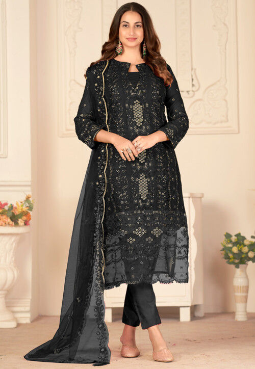 Embroidered Georgette Pakistani Suit in Black KGJ104