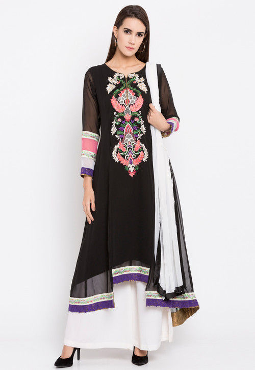 Embroidered Georgette Pakistani Suit in Black : KNF523