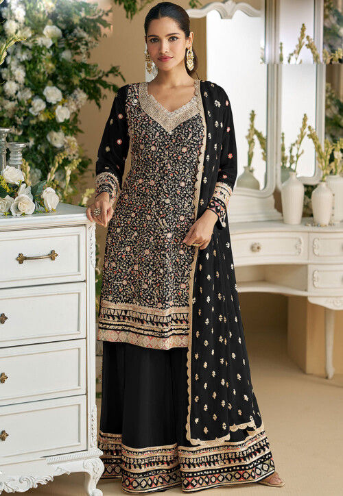 Buy Embroidered Georgette Pakistani Suit in Black Online : KRD380 - Utsav  Fashion
