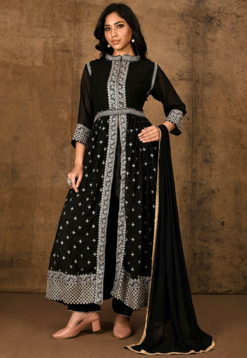 embroidered georgette pakistani suit in black v1 kuf14792