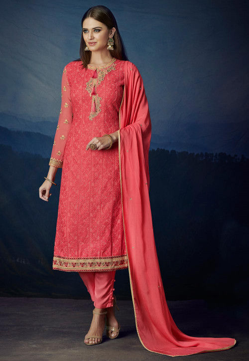 Buy Embroidered Georgette Pakistani Suit in Coral Pink Online : KJR270 ...