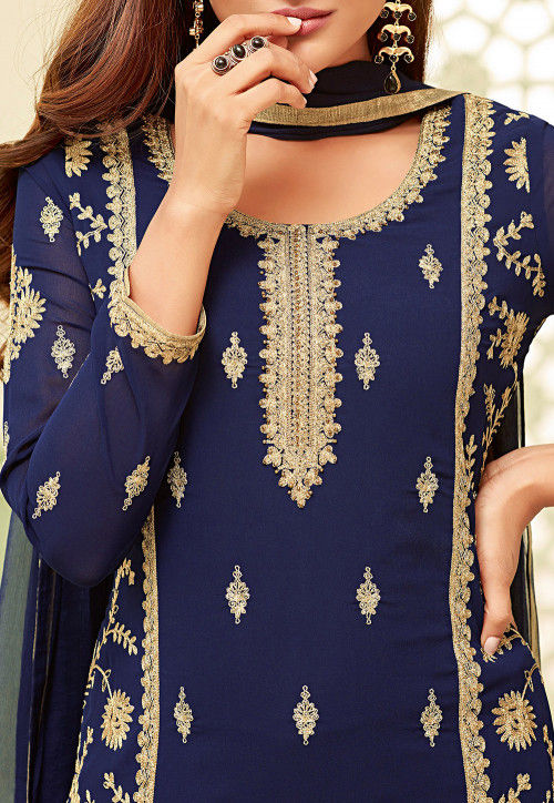 Embroidered Georgette Pakistani Suit in Dark Blue : KCH2508