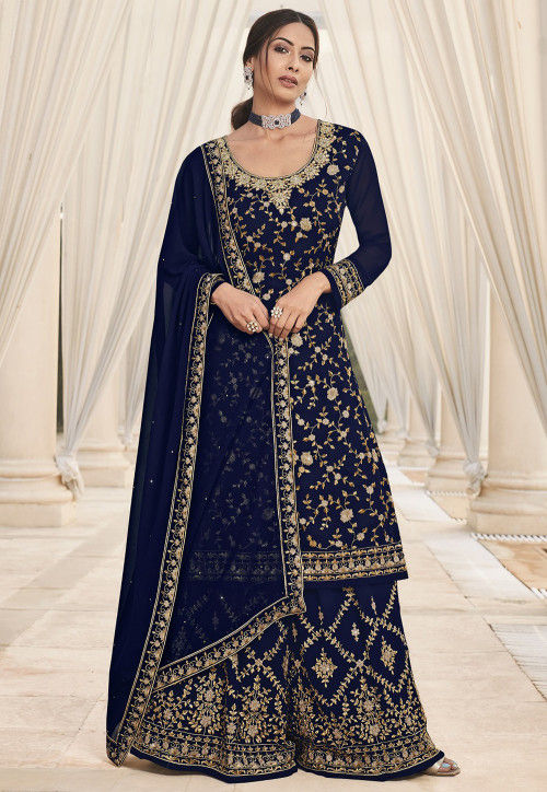 Embroidered Georgette Pakistani Suit in Dark Blue