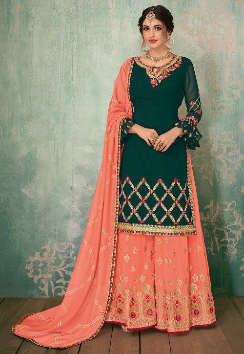 Buy Embroidered Georgette Pakistani Suit in Dark Green Online : KCH3811 ...