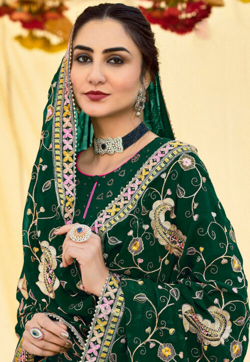 Embroidered Georgette Pakistani Suit in Dark Green : KCH8609