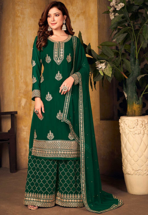Embroidered Georgette Pakistani Suit in Dark Green : KCH9115