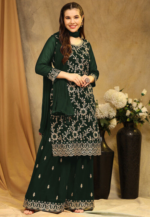 Embroidered Georgette Pakistani Suit in Dark Green