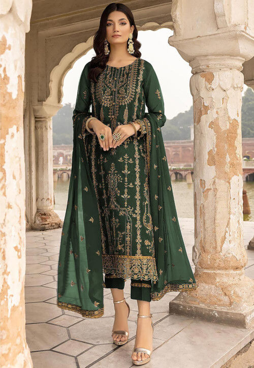 Buy Embroidered Georgette Pakistani Suit in Dark Green Online