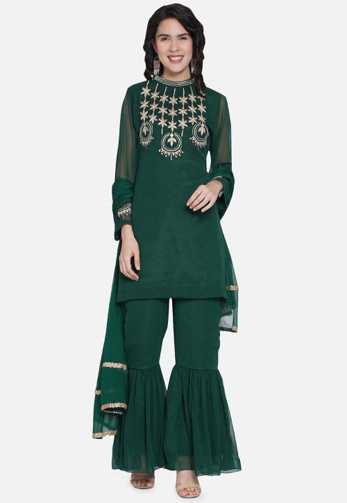 Embroidered Georgette Pakistani Suit in Dark Green : KUZ374