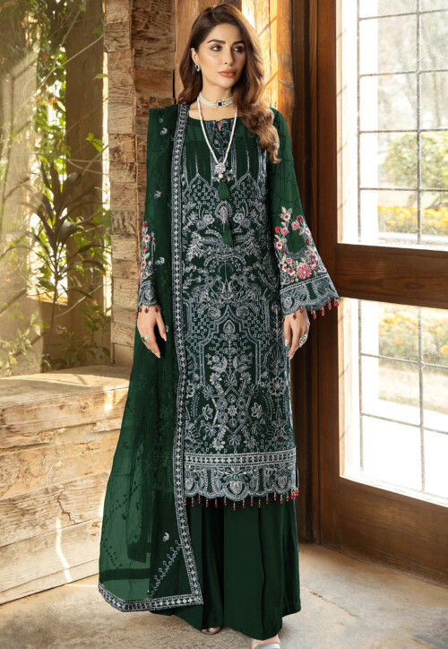 embroidered georgette pakistani suit in dark green v1
