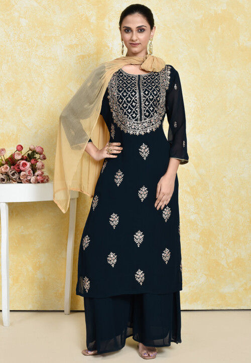 Buy Embroidered Georgette Pakistani Suit in Dark Navy Blue Online : KWU66 -  Utsav Fashion
