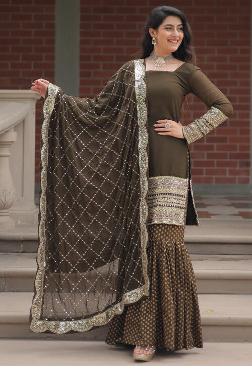 Embroidered Georgette Pakistani Suit in Dark Olive Green