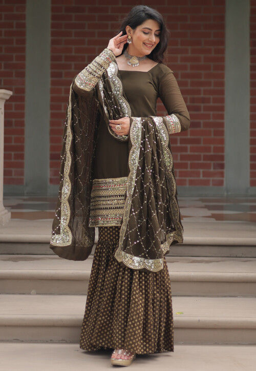 Embroidered Georgette Pakistani Suit in Dark Olive Green