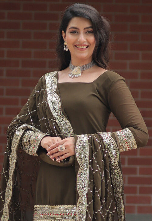 Embroidered Georgette Pakistani Suit in Dark Olive Green