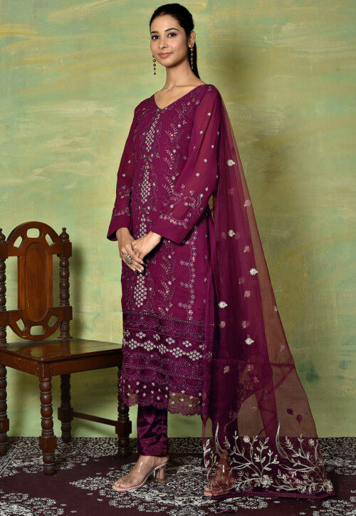 Embroidered Georgette Pakistani Suit in Dark Purple : KUF15774