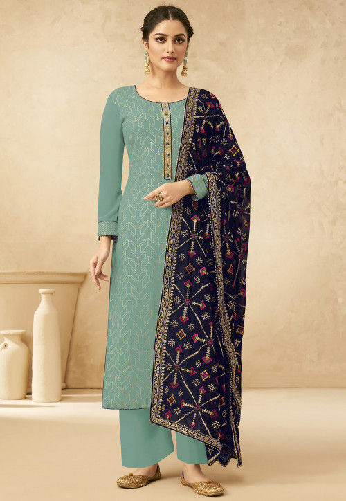 Embroidered Georgette Pakistani Suit in Dusty Green : KCH7008