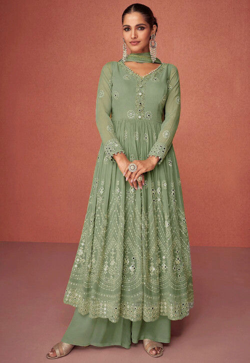 Embroidered Georgette Pakistani Suit in Dusty Green
