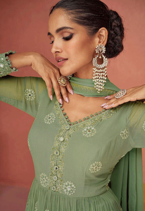 Embroidered Georgette Pakistani Suit in Dusty Green