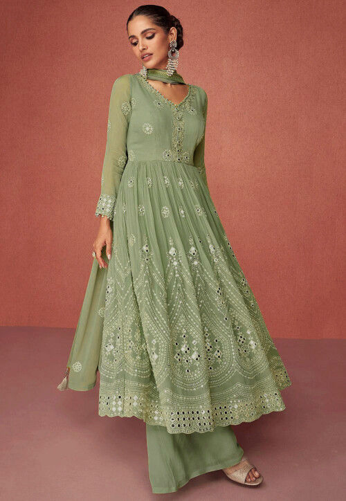 Embroidered Georgette Pakistani Suit in Dusty Green
