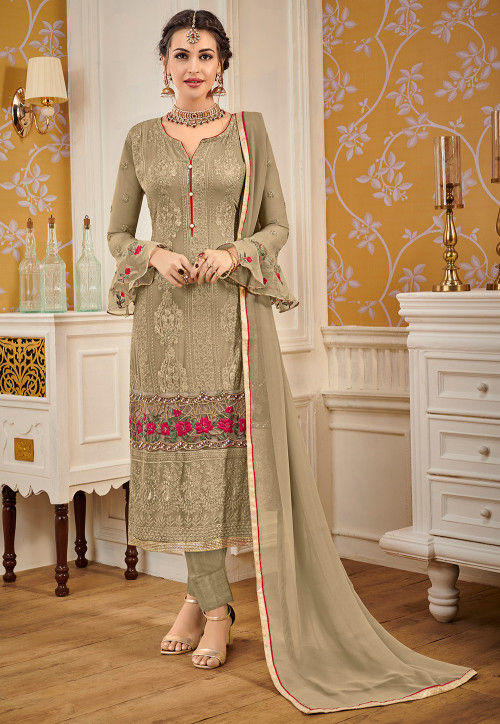Embroidered Georgette Pakistani Suit in Dusty Olive Green