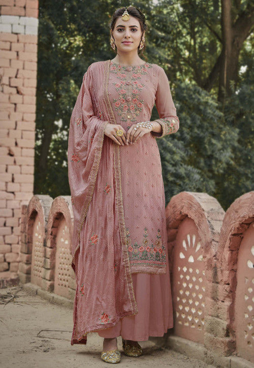 Details about   Dusty Pink Zari Resham Embroidered Stones Georgette Straight Salwar Kameez Suit 