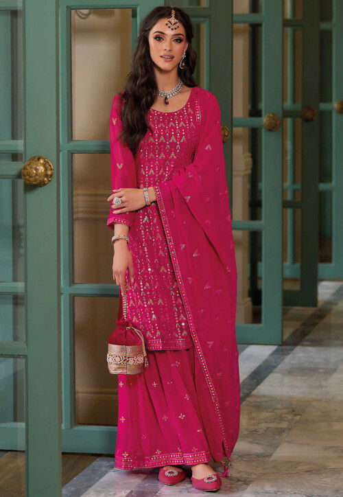 Embroidered Georgette Pakistani Suit in Fuchsia