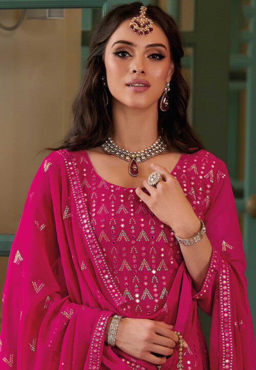 Embroidered Georgette Pakistani Suit in Fuchsia