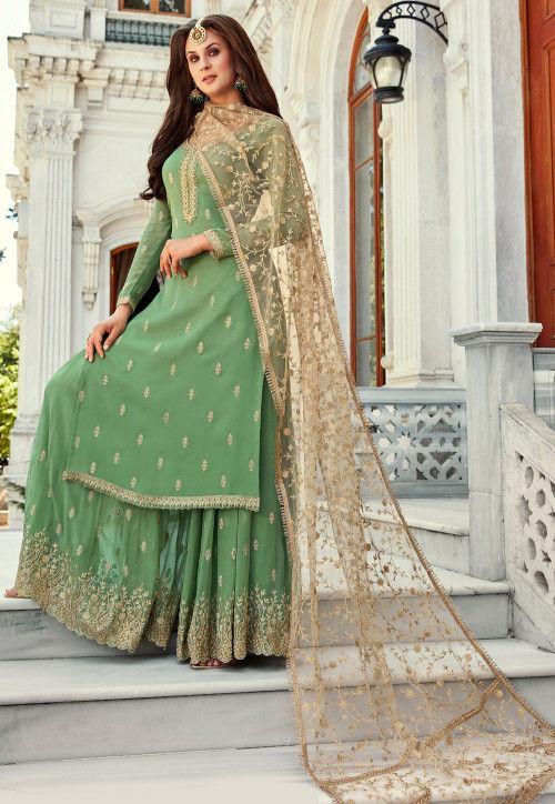 Embroidered Georgette Pakistani Suit in Green