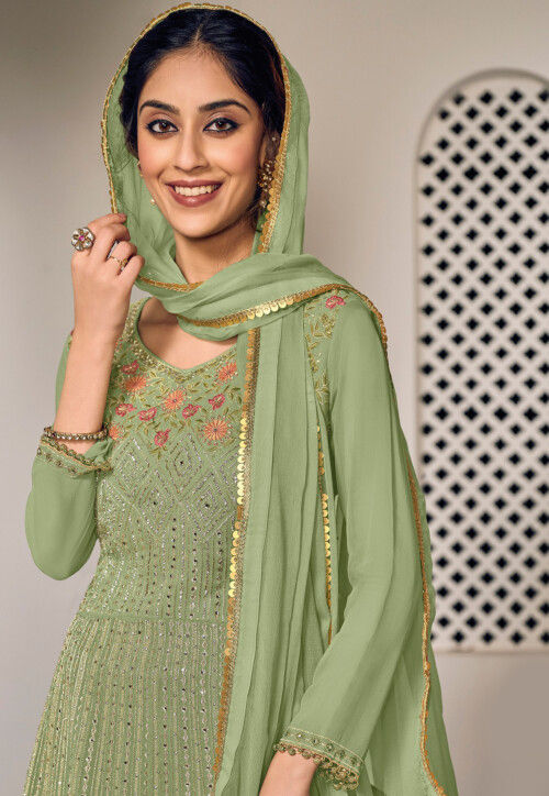 Embroidered Georgette Pakistani Suit in Green : KCH9536