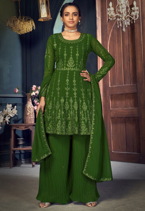 Embroidered Georgette Pakistani Suit in Green : KJC1405