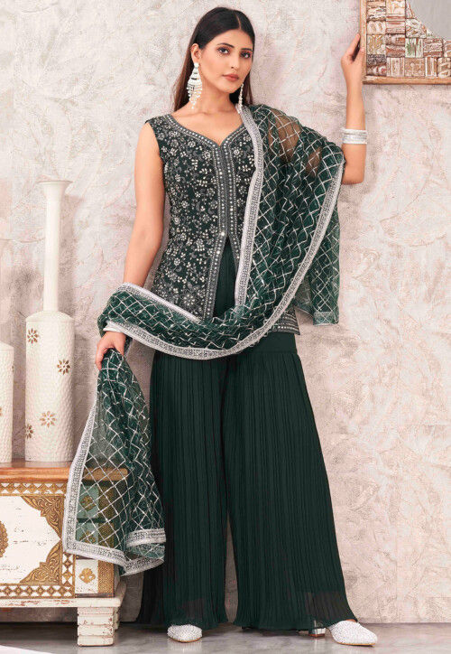 Embroidered Georgette Pakistani Suit in Dark Green