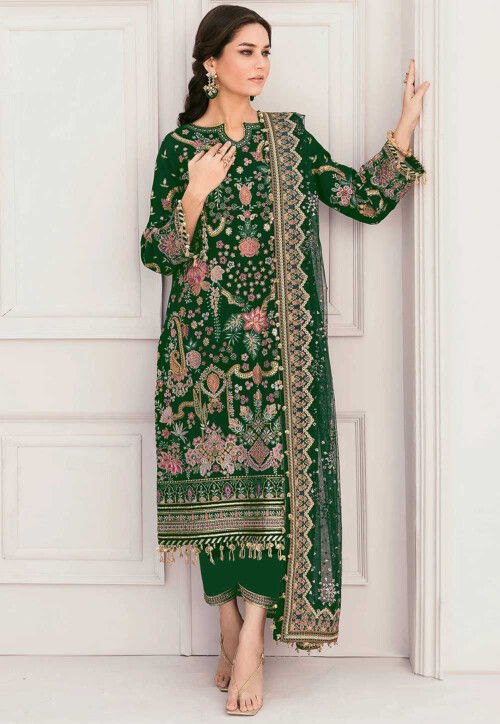 Embroidered Georgette Pakistani Suit in Green
