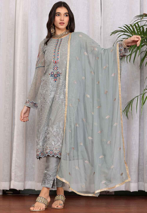 Embroidered Georgette Pakistani Suit in Grey