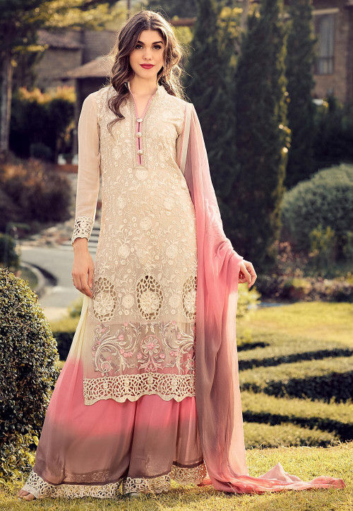 Buy Embroidered Georgette Pakistani Suit in Light Beige Online : KUF10999 -  Utsav Fashion
