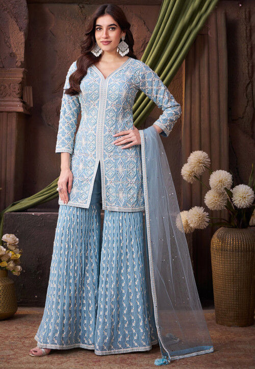 Embroidered Georgette Pakistani Suit in Light Blue