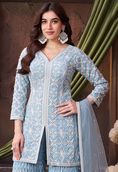 Embroidered Georgette Pakistani Suit in Light Blue