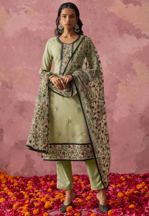 Embroidered Georgette Pakistani Suit in Light Green
