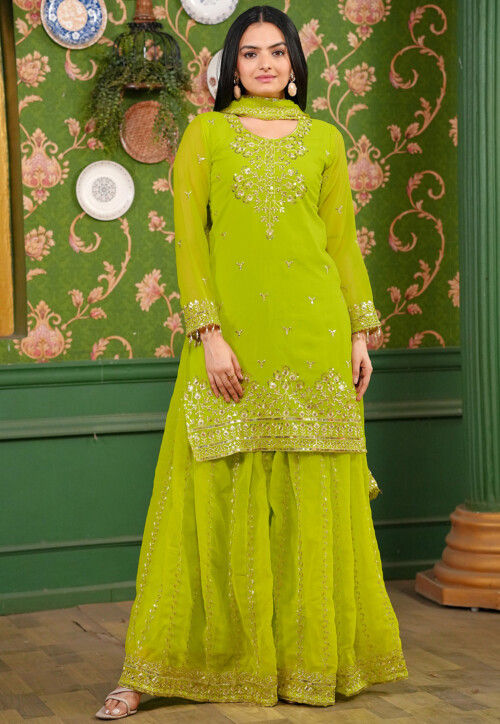 Embroidered Georgette Pakistani Suit in Light Green