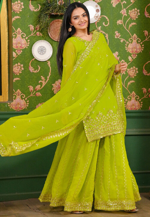 Embroidered Georgette Pakistani Suit in Light Green