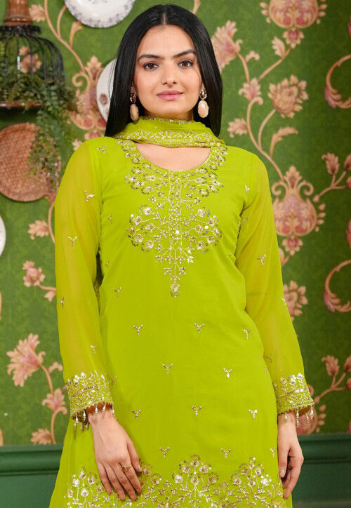Embroidered Georgette Pakistani Suit in Light Green