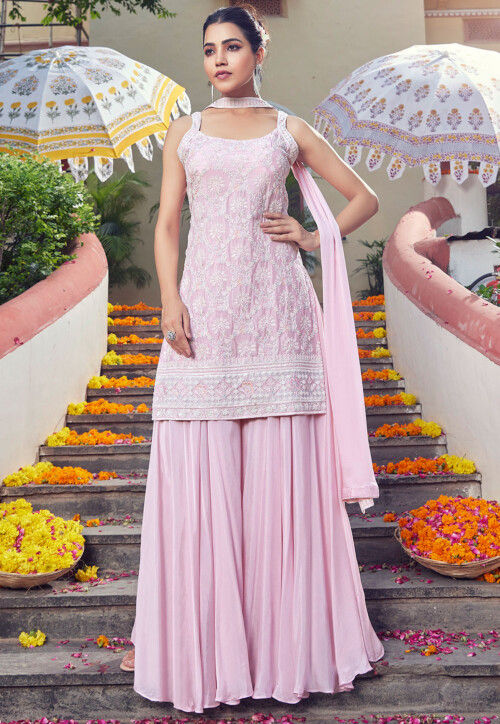 Embroidered Georgette Pakistani Suit in Light Pink