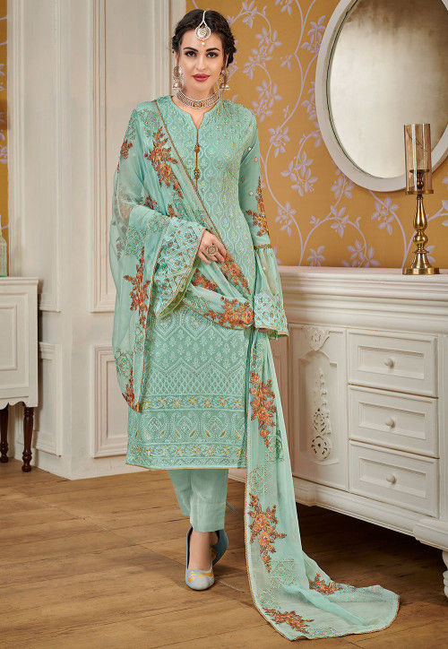 Embroidered Georgette Pakistani Suit in Light Teal Green