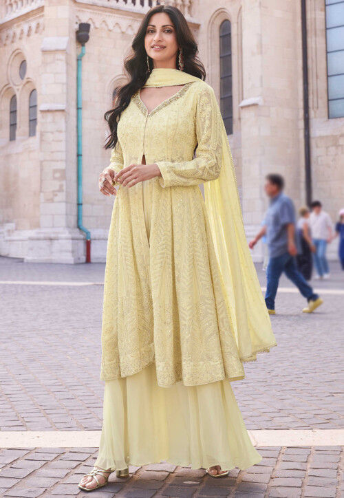 Buy Embroidered Georgette Pakistani Suit in Light Yellow Online : KCH13833  - Utsav Fashion