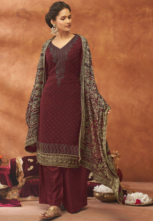 Charismatic Party Wear Georgette Fabric Maroon Color Palazzo Suit