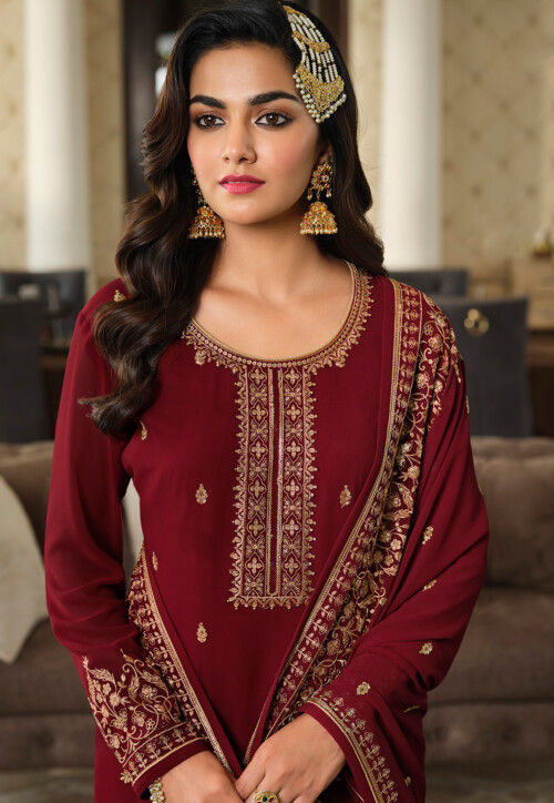 Buy Embroidered Georgette Pakistani Suit in Maroon Online : KCH10556 ...