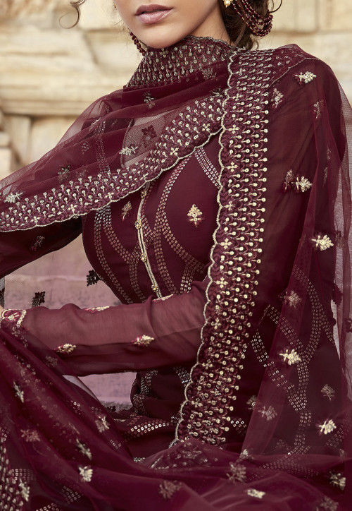 Buy Embroidered Georgette Pakistani Suit In Maroon Online Kch6153 Utsav Fashion 