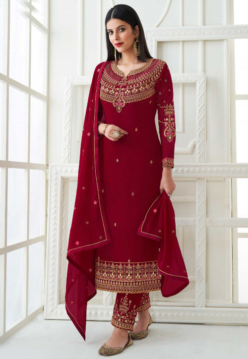 Embroidered Georgette Pakistani Suit in Maroon : KCH6913