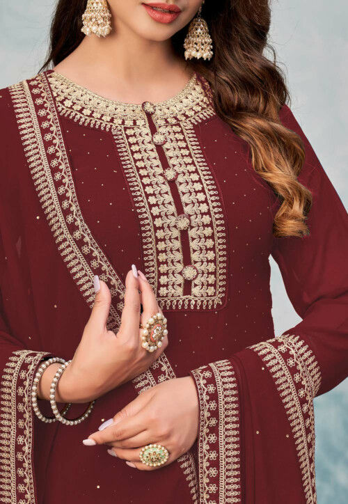 Embroidered Georgette Pakistani Suit in Maroon : KCH8394