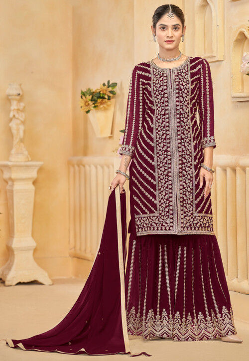 Embroidered Georgette Pakistani Suit in Maroon