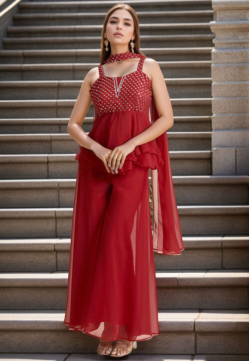 Embroidered Georgette Pakistani Suit in Maroon